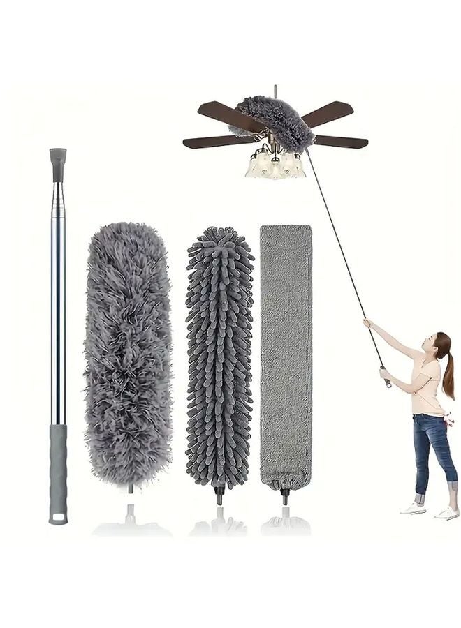 Gray 4 Piece Microfiber Duster Set With Telescopic Rod For High Ceilings And Fans - Image 1